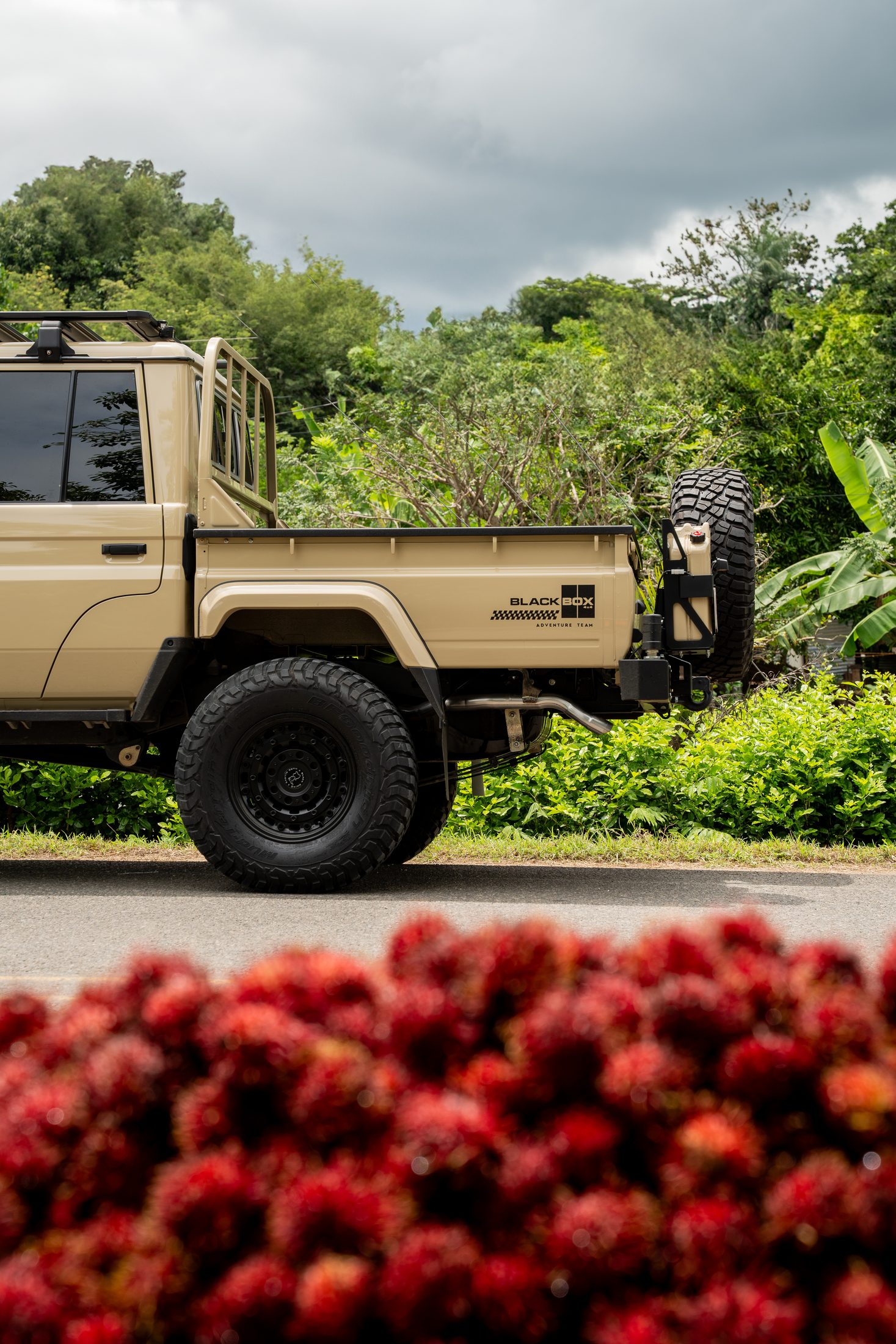 Rear of a beige Land Cruiser 70 pickup with spare wheel, red flowers in front, photographed by Maxime Hugo